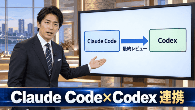 ケース2でCodexが生成したサムネイル。AI生成の架空の男性解説員がモニターの図を示している